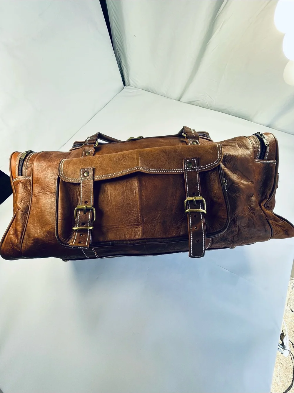 Classic Genuine Brown Leather Traveler Weekender Duffel Bag (Hand Made)